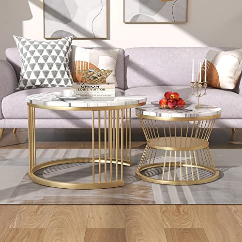 ModernLuxe Round Coffee Tables, Removable Set of 2 End Table with Gold Metal Frame Legs and Marble Pattern Top for Versatile Use in Living Room, Bedroom, Office, Balcony, Apartment-White