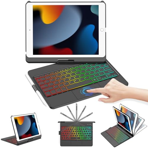 Teclado Español Ñ para iPad 10.2 9th 2021/8th 2020/7th 2019, Funda Teclado para iPad 9/8/7 Gen, Teclado Bluetooth de Carcasa Rígida Giratoria 360° con Touchpad y 7 Colores de Retroiluminación