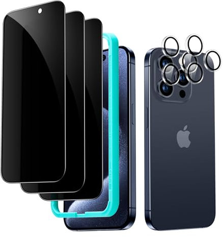 ESR für iPhone 15 Pro für Panzerglas Display Sichtschutz Set, Anti Spy Displayschutz aus gehärtetem Glas, mikrogekrümmte Kanten, hüllenfreundlich, 3 Stück mit 2 Sätzen individuellem Kamera Schutz