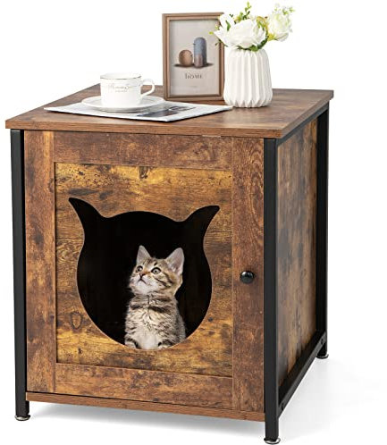 Maxmass Cat Litter Box Enclosure, Hidden Kitty Washroom Toilet with 3 Ventilated Holes and Door, Wooden Cat House Furniture for Bedroom, Living Room and Bathroom