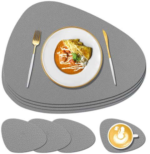 KERYCHIN 4 Silicone Placemats + 4 Coaster Set, Heat Resistant 450 °F, Non-slip & Washable Table Mats, Easy to Clean, Wipeable Place Mats for Kitchen, Home, Restaurant, Outdoor Garden Table, Dark Grey