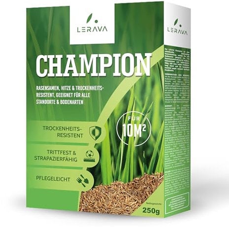 LERAVA® CHAMPION semi prato resistente - 10m² - sementi per prato resistenti alla siccità - calpestabile - semi erba prato poca acqua - adatti a tutti i luoghi e tipi di terreno - prato semi