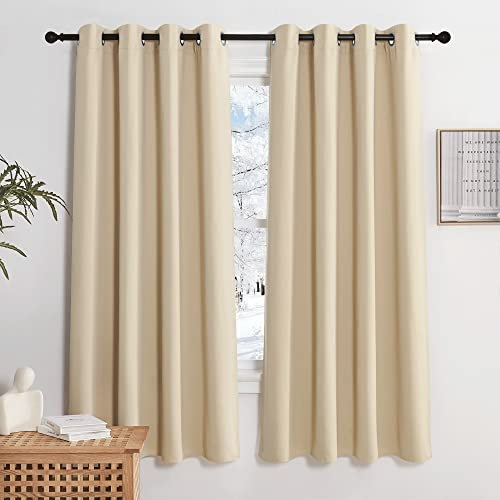 KGORGE Thermovorhang Hitzeschutz Ösenvorhang 2er Set Kurze Gardinen Wohnzimmer Vorhang Blickdicht 160 x 140 cm(HxB) Schlafzimmer und Vorhänge, Biscotti Beige