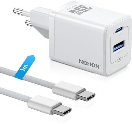 NOHON USB C Ladegerät Schnellladegerät: 35W Netzteil USB C mit 60W Typ-C 1M Ladekabel, 2-Port GaN Handy Ladestecker Kompatibel mit iPhone 15/14/13/12 Mini Pro Max, iPad Air/Pro, Samsung, Pixel (Weiß)