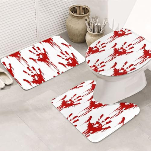 OPSREY Badvorleger mit blutigen Handabdrücken bedruckt, weich, rutschfest, 3er-Set – Silhouettenmatte + WC-Bezug + Badematte