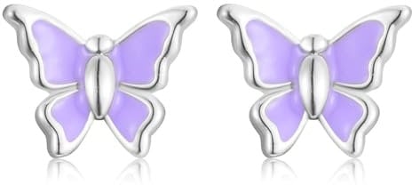 USEEDOVIA Silver Stud Earrings for Girls Women, Hypoallergenic 925 Sterling Silver Stud Earrings丨Cute Butterfly Studs Earrings Jewelry Gifts for Teens Kids Purple