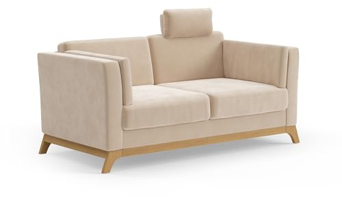 Cavadore 2,5er-Sofa Vida / 2,5-Sitzer Couch im trendigen Design mit massivem Holzrahmen in Eiche, Kopfstütze mit Kuschelkissen / 183 x 84 x 93 / Mikrofaser, Hellbraun-Beige