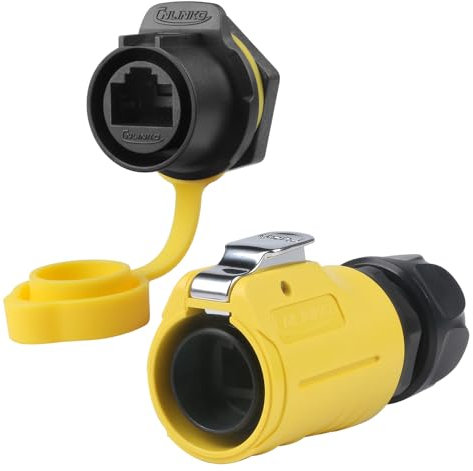 CNLINKO LP-20 RJ45 Ensemble Connecteur Étanche, Connecteur Ethernet CAT6 Connecteur Dual Port 8P8C Réceptacles de Montage sur Panneau Prise IP68 Connecteur Étanche (Ensemble Jaune RJ45 à Trou Unique)