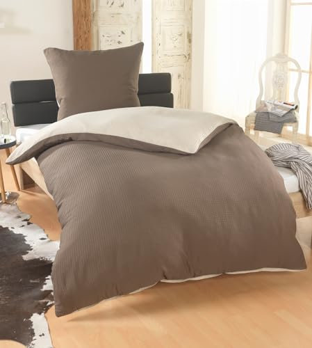 DreamHome 2 teilig Uni fein Seersucker Wende Bettwäsche Bettbezug für Bettdecke Kissenbezug 80x80, Farbe:BEIGE-TAUPE, Größe:155 x 220 cm