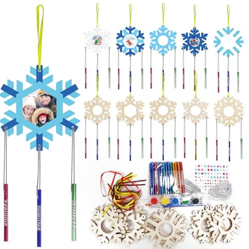 WEDNOK 12 Stück Schneeflocke Windspiel Bastelset Schneekristall Basteln Kinder Holz Bilderrahmen Bastelhandwerk zum Bemalen Eiskristalle Kreativsets für Mädchen Junge Weihnachten Winter