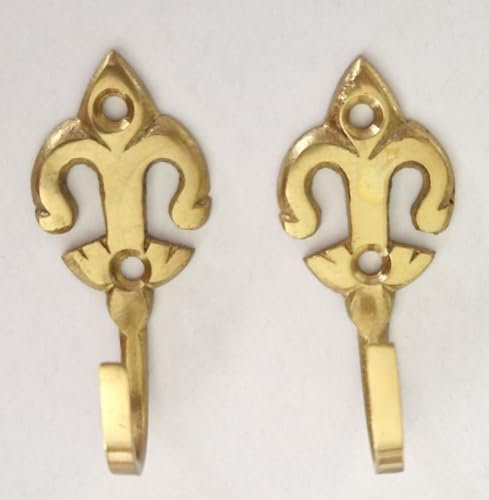 CyberSunrise Raffhalter für Vorhänge, Antik-Stil, massives Messing, Fleur de Lys, 2 Stück, 54 mm Länge, 23 mm Breite