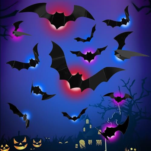 24 Stück Halloween Fledermäuse Deko innen mit LED Lichter, Halloween Dekoration 3D LED Fledermaus Lichter, DIY Wandaufkleber für Außen, Party, Fenster,Wandaufkleber, Schlafzimmer, Wohnzimmer