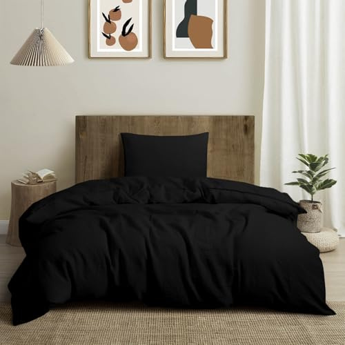 CHUFFED Leinen Bettwäsche 155×220 2teilig Bettwäsche-Sets 100% Naturleinen Bettwäsche-1 Bettbezug 155×220 cm + 1 Kissenbezug 80×80 cm mit Reißverschluss, Weich Atmungsaktiv, Schwarz