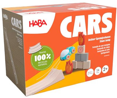 HABA Cars Action-Sprungschanze – 15-teiliges Set aus recyceltem Holz und Kunststoff – Auto mit starkem Schwungmotor, batteriefrei – Für Kinder ab 2 Jahren – 2011843001