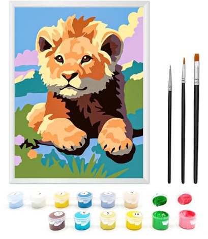 Zimrobin Malen Nach Zahlen ab 5 6 7 Jahre Mädchen, Malen Nach Zahlen für Kinder mit Rahmen 3 Pinsel und Acrylfarben, 18 X 24cm（Löwenjunges）