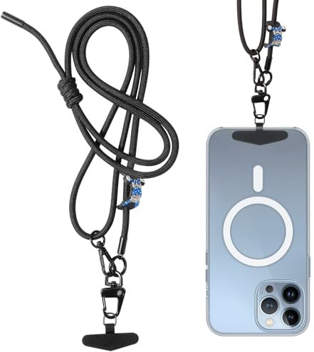 Oderra Correa Movil Cuello, Colgante para Movil, Universal Cordon para Movil, Ajustable Colgador Movil Cuello, Adecuado para Cuello y Muñecas, con Llavero, Parche, Colgante de Silicona (Negro)