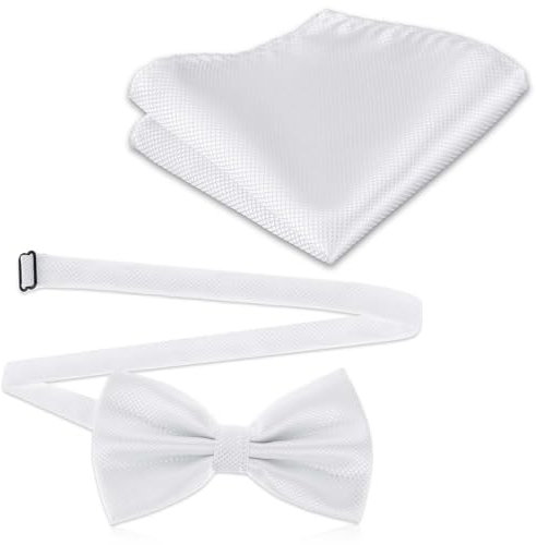 Molain 2 Stück Herren Fliege mit Einstecktuch, Fliege Herren Einstecktuch Taschentücher Stofftaschentücher Einfarbig Vorgebunden Schleife Anzug Fliege und Taschentuch Set fur Hochzeit, Party(weiß)
