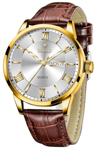Taxau Herrenuhr Lederarmband Armbanduhr Herren Leder Gold Big Face Klassische Einfach Herrenuhren Lederband Analog Herrenarmbanduhr mit Datum Geschenk für Männer