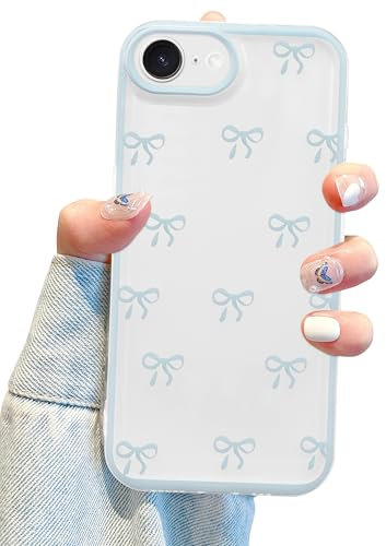 Jusy Compatible with iPhone 7/8/SE Bow Phone Case, Cute Clear Pink Ribbon Bowknot Pattern Aesthetic Soft TPU Transparent Cases Full Camera Protective Phone Cover for Women Girly - Blue
