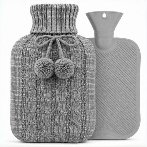 Wärmflasche aus PVC, 2 l, mit Strickbezug zur Schmerzlinderung, für Wärme | BS1970:2012 Wärmbeutel zur Schmerzlinderung, Menstruationskrämpfe, Wärme- und Kältekompresse, Hand- & Fußwärmer, Bettwärmer