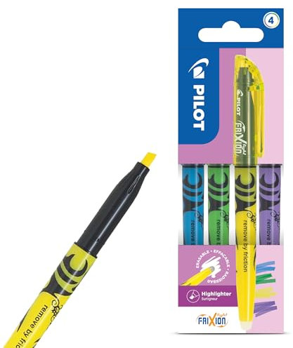 Pilot FriXion Light radierbare Textmarker, 4 Stück, blau, grün, gelb, lila, thermoempfindliche Tinte, schmierfrei, glatter Fluss, 4,0 mm Spitze mit Clip für Studium, Tagebuch, Planer, Notizen und