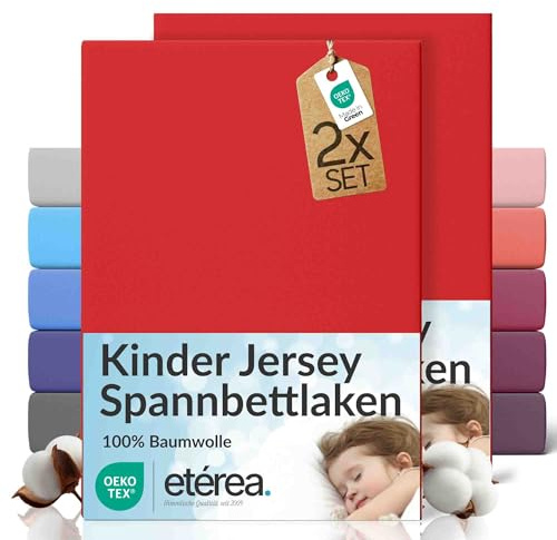 etérea Jersey 2er Set Spannbettlaken 80x160cm - 80x180cm Rot bis 20 cm Höhe - 100% Baumwolle Spannbetttuch Oekotex - Kinder Doppelpack Bettlaken 80x160 cm - 80x180 cm - Red