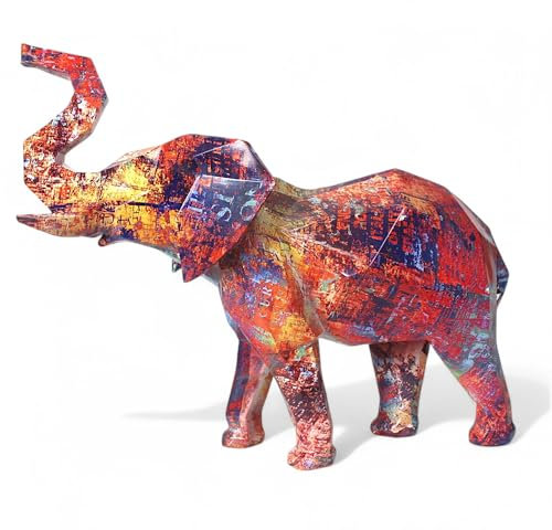 Dekofigur Elefant 38 cm Modernes Pop Art und Graffiti Design Kantige geometrische Skulptur aus Polyresin Bunte Deko für Wohnzimmer und Büro Hingucker und Geschenkidee