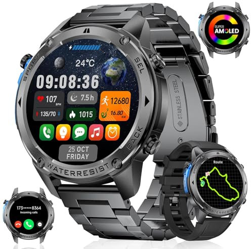 Smartwatch Herren mit GPS,Kompass,Barometerdruck,Höhenmesser, 1.43'' AMOLED Display, 170+ Sportmodi, 5ATM Wasserdicht, 45+ Tage Akku, Militär Smartwatch Edelstahl für Android iOS (2 Uhrbänder)Schwarz