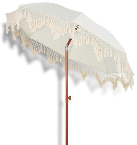BBERHFNFZK Sombrilla De Patio con Flecos, Sombrilla Playa Estilo Bohemio 1.8m Parasol Retro para Porche, Playa, Patio, Terraza - Blanco