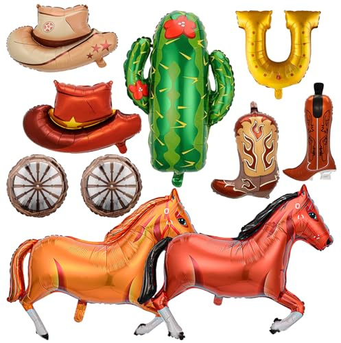 Yukiner 10Pcs Wild West Balloons Horse Racing Rodeo Horseshoe Cowboy Boots | western cowboy balloon kit, wild west rodeo party balloons, cactus foil balloon, cowboy horse balloon set