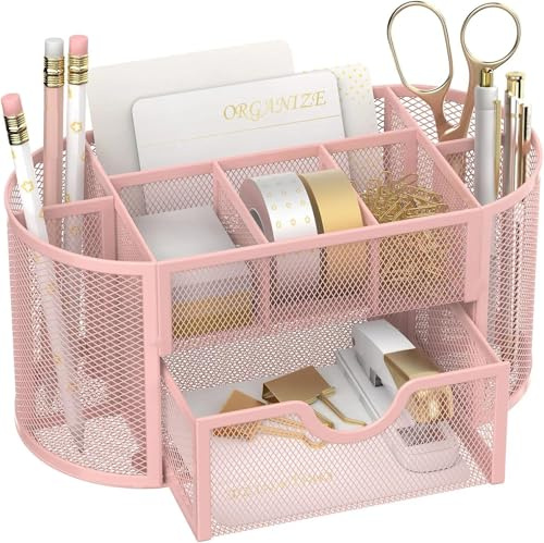 SUPEASY Mesh Desk Organiser, Desk Accessories & Workspace Organisers with Drawers, Pencil Holder with 9 Compartments for Office Supplies, 8.6 x 4.3 x 4.1 Inch(pink)