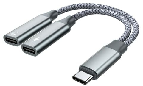 USB C Splitter 15W 2-in-1 Type-C to 3.5mm Audio Cable Female Adapter with Charging for Laptop Mac,Samsung Galaxy, iPad Pro, iPhone 15 Series, More Type C Devices (Gray， 14 CM)