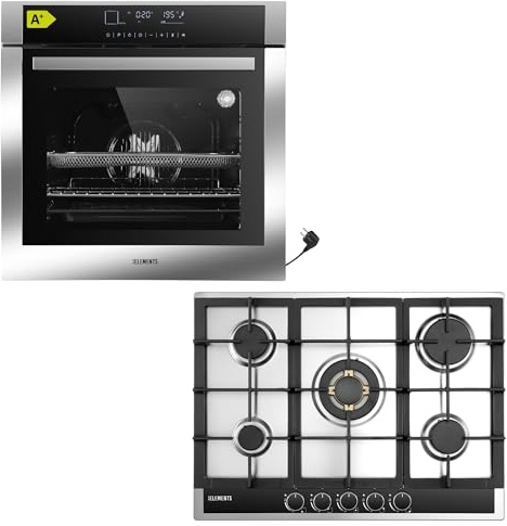 Gas Herdset | 60cm Einbaubackofen | Gaskochfeld 5 flammig | Gasokchfeld mit VOLLKUPFER-BRENNERN | Airfry Funktion | Grill | Heißluft | AQUA CLEAN