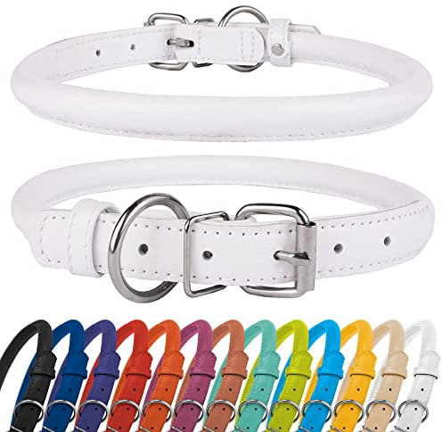 CollarDirect Collier de Chien en Cuir roulé, Collier de Chiot Rond rembourré Doux, Collier en Cuir véritable Fait à la Main pour Petit Grand Collier de Chat 13 Couleurs (18-20 cm, Blanc texturé)