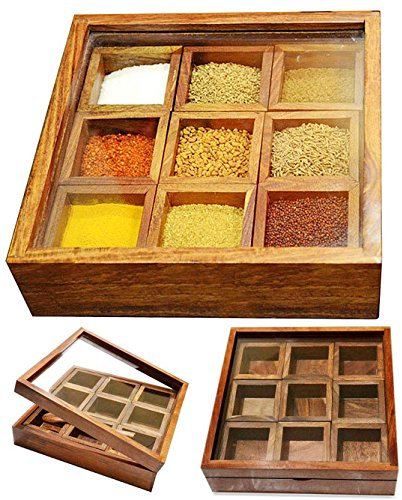 affaires Stylla London® Masala Dabba indische Gewürzbox aus Holz mit Glasdeckel und Löffel, Sheesham Palisander