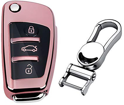 M.JVisun Doux TPU Clef Coque Porte-clés pour Audi A1 A3 A4 A6 A8 Quattro Q2 Q3 Q7 R8 RS3 RS6 S3 S6 TT TTS Pliant Clé de Voiture - Brillant Rose - Métal Porte-clés