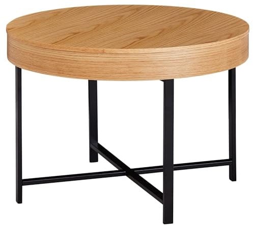 FineBuy Design Couchtisch Rund Ø 69cm aus Eiche Furnier - Metallbeine mit Stauraum, Lounge- Wohnzimmertisch, MDF Beistelltisch