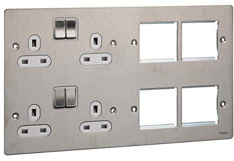 Schneider Electric Ultimate Flat Plate - Switched 4 Gang Power Socket, Double Pole, with Combination Media Plate, GU32204DMPWSS, Stainles Steel with White Insert