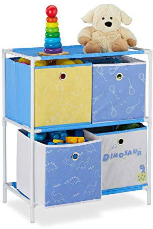 Relaxdays Kinderregal, 4 Boxen, Jungen & Mädchen, Dino-Design, Regal Kinderzimmer, Spielzeug, HBT 62 x 53 x 30 cm, bunt