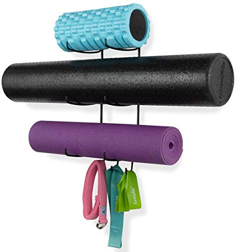 Wallniture Guru Wandhalterung Yogamatte Heim Gym Ausrüstung Widerstandsbänder und Schaumstoffrollenhalter mit 3 Haken 3 Metallschnitt Schwarz