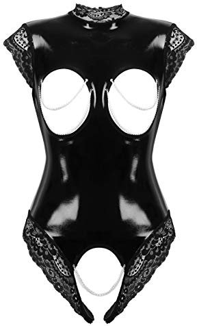 Freebily Damen Wetlook Body Brustfrei Latex Catsuit Kleid Ouvert Lackleder Bodysuit Nachtwäsche Pole Dance Nachtclub Outfit Schwarz L