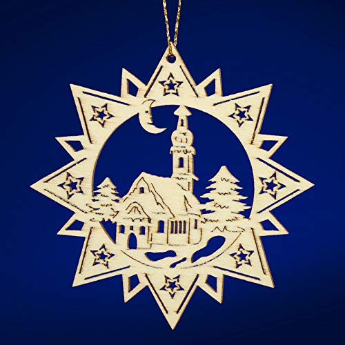 SIKORA BS-LS Traditionelle Filigrane Christbaumschmuck Holzanhänger aus nachhaltiger Herstellung - 28 Modelle wählbar, Modell:M3 Mehrzackstern Dorfkirche D 8.8cm