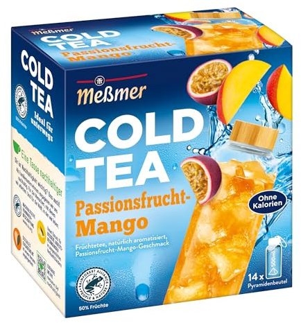 Meßmer Cold Tea Passionsfrucht-Mango | Belebe dein Wasser mit dem spritzigen Geschmack | ohne Zucker | ohne Kalorien | Alternative zu zuckerhaltigen Getränken wie Limonade | 14 Pyramidenbeutel