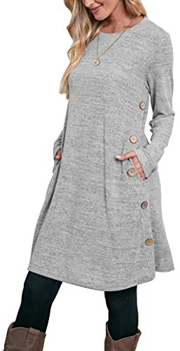 Aokosor Jumper Dress for Women Long Sleeve Dress Ladies Button Tunic Dress with Pockets Grey Size 10-12