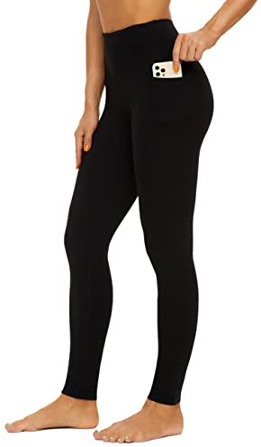 AMYTIS Damen Sport Leggings Yogahose High Waist mit Taschen Fitness Stretch Blickdicht Lang Gym Handytasche, Black, S