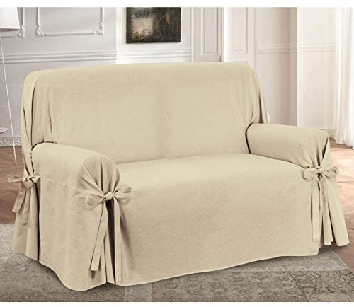 HomeLife - Sofabezug für 2-Sitzer, Baumwolle mit Bindebändern, 2-Sitzer-Sofaüberwurf mit Armlehnen, einfarbig, beige zum Schutz vor Staub, Flecken und Abnutzung