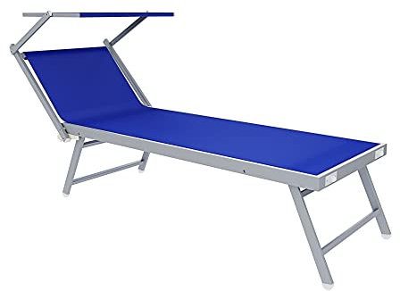 Lettino Prendisole Pieghevole Professionale In Alluminio Tessuto Textilene 720 gr/m² Tettuccio Orientabile Parasole Sdraio Prendi Sole Mare Spiaggia Piscina Giardino 182 x 60 x 38 cm (Blu)