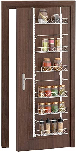 6-Tier Over Door Storage Organiser Rack - Metal Hanging Storage Organiser Shelves with 2 Hooks for Kitchen, Pantry, Bathroom, Closet, Dorm, Office, White
