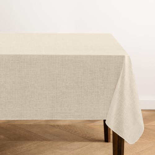 Threadmade Monterey Linen Texture Vinyl Indoor/Outdoor Tablecloth, Ivory - 60 W x 102 L