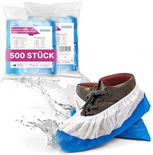 500x ARNOMED® CPE + PP Schuhüberzieher Einweg, Überziehschuhe 9g Premium | Rutschfeste Überzieher Schuhe Weiß/Blau, Schuhschutz Überzug bis Gr 47, Maße: 17x40cm, robuste Überschuhe für die Baustelle